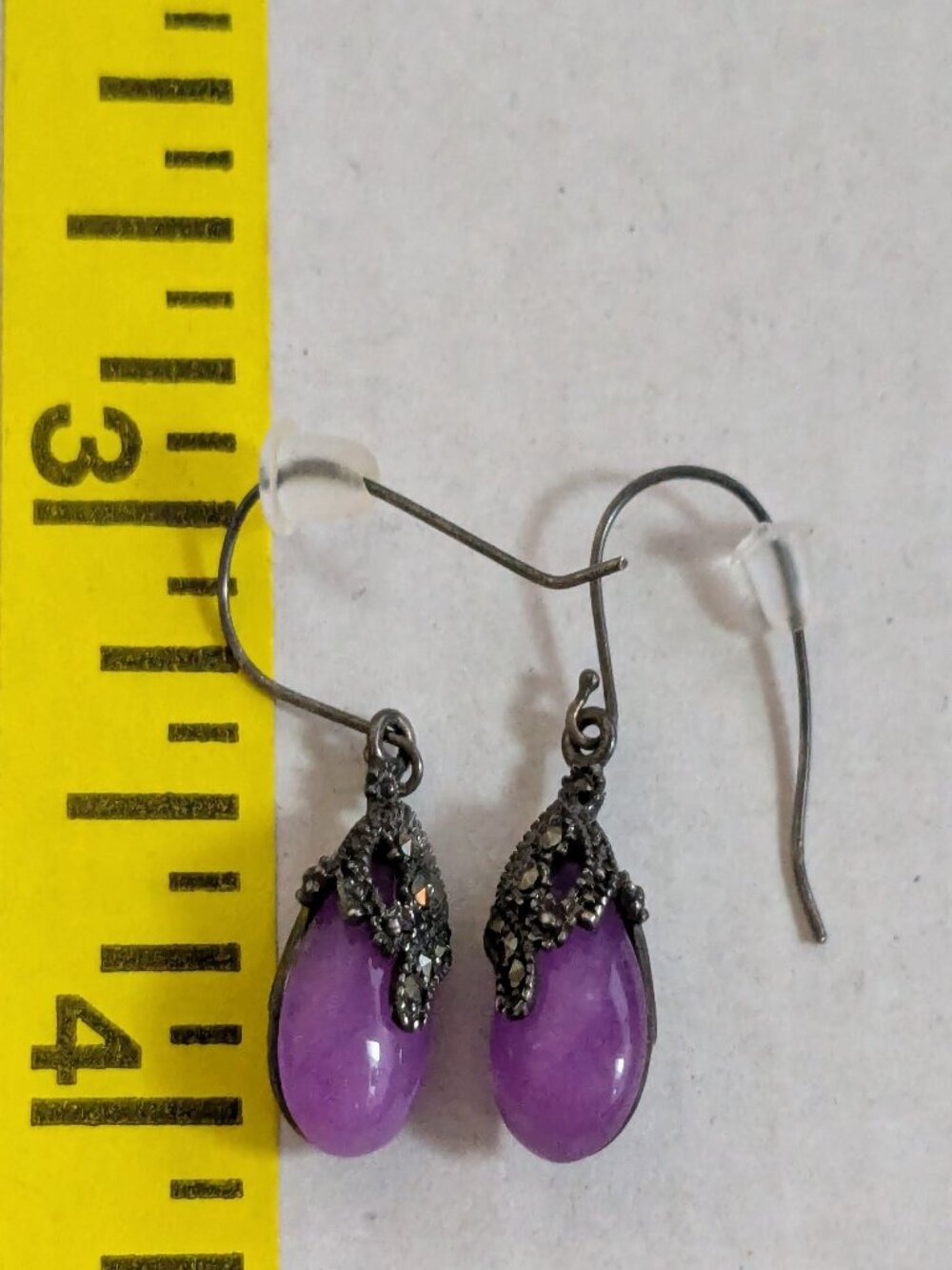 925 Silver SLC Purple Jade Amethyst Marcasite Dangle Drop Pierced Earrings